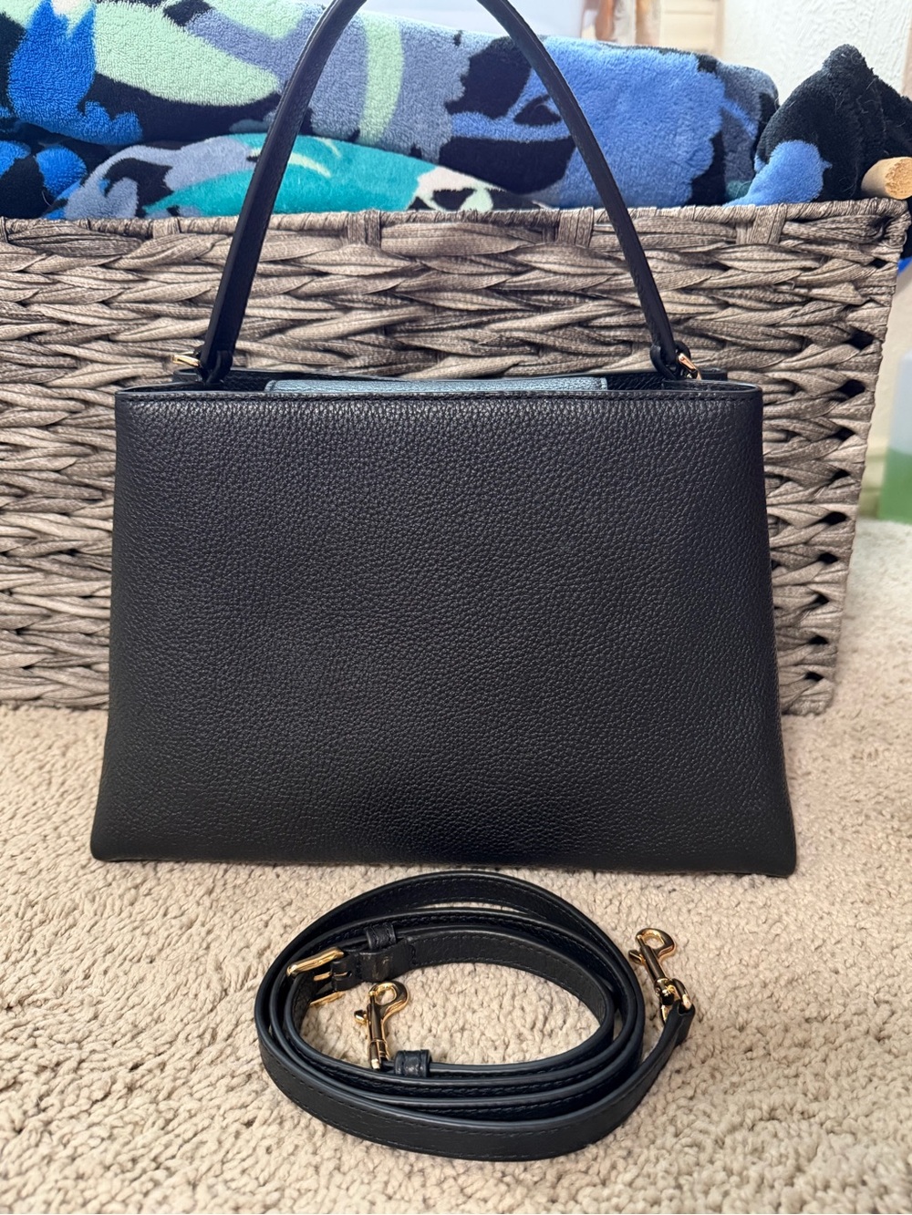 Tory Burch Britten Satchel Black Pebbled Leather Crossbody Shoulder Bag EUC - Picture 2 of 14
